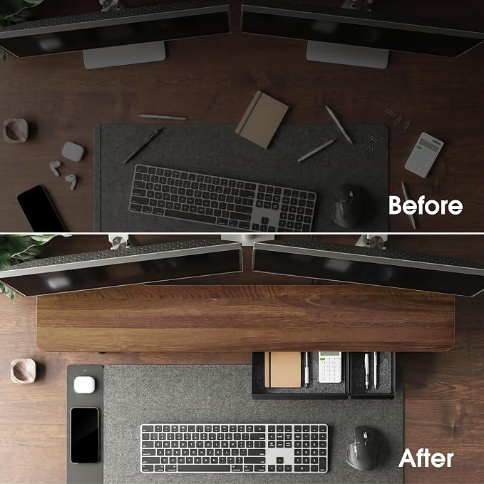 Fenge 42.5" Dual Monitor Stand with Storage Drawer & Solid Wood Legs, Brown | Modern Minimalist Design, Repositionable Metal Drawers, Wooden Desk Shelf for Home Office Workspaces