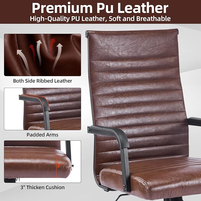 Office Chair, Ergonomic Executive Conference Room Chairs, Ribbed Leather Desk Chair with Lumbar Support, Adjustable Height Mid-Back Swivel Chair with Padded Seat