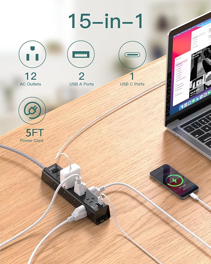 Surge Protector Power Strip - 5 FT Extension Cord, Power Strip with 12 Widely AC Outlet 3 USB, Flat Plug Wall Mount Overload Protection, 1050J, Desk Charging Station for Home Office, ETL Listed,Black