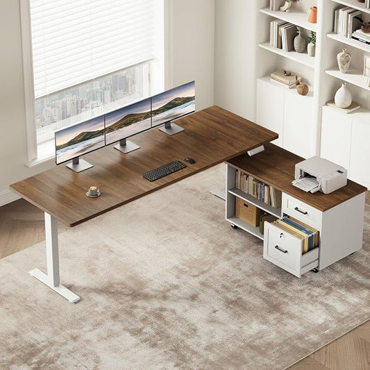 OffiGo 63" L Shaped Electric Standing Desk with File Cabinet, Walnut/White | Mobile Drawers & File Cabinet for Flexible Layout, Height Adjustable Executive Stand Up Desk for Home Office Workstation
