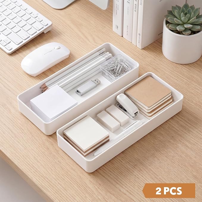 Teling 2 Pcs White Plastic Desk Organizer Tray Shallow Drawer Pencil Tray Tabletop Organizer for Office, Home, or Study 9.45x2.95x1.38 Inch