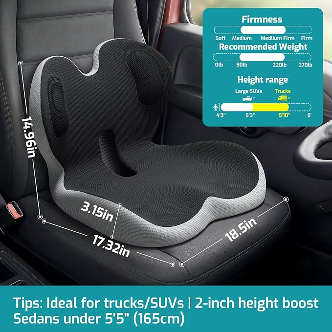 Trucker Seat Cushion, Thick Car Seat Cushions with Lumbar Support Pillow, Ergonomic L-Shaped Orthopedic Memory Foam for Long Driving Lower Back Pain Sciatica Relief, Gift for Drivers (Black+LGrey)