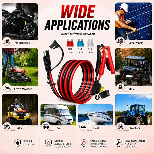 SAE Battery Alligator Clips Wire Harness 10AWG, 12V Alligator Clips with Wires for Sprayer Parts, Sprayer Pump, Battery Charger, Solar Power Charging Extension Cable (10FT)