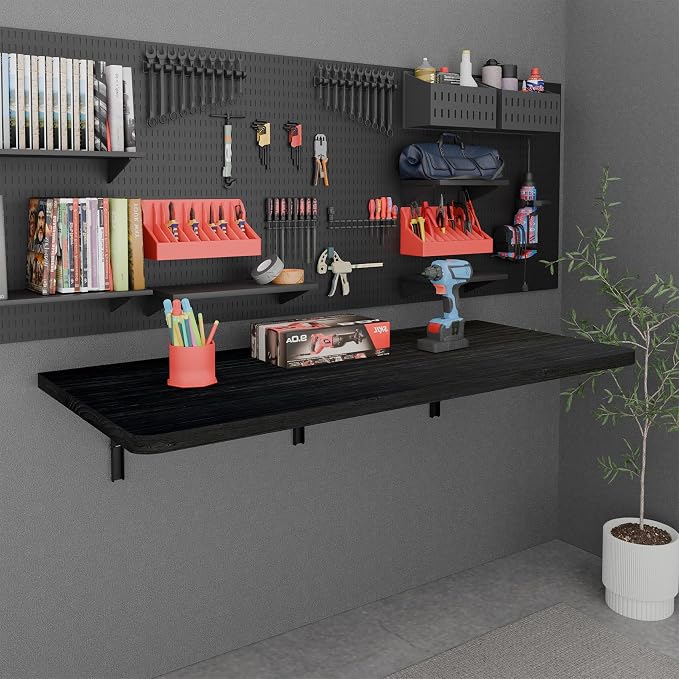 IAE Floating Wall Mounted Folding Table Desk with Pine Wood,48" x 22" Folding Workbench,Fold Down wall Mounted Foldable Desk with Shelf Brackets,Laundry Table for Home,Dining,Office,Kitchen,Black