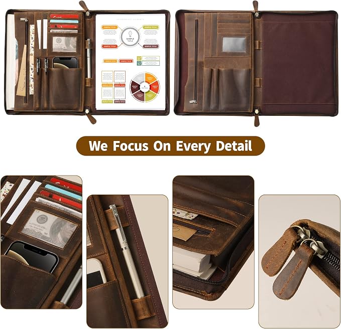 Ringsun Genuine Leather Portfolio with Zipper, Business Organizer for A4/Pad/Phone, Brown, RS63