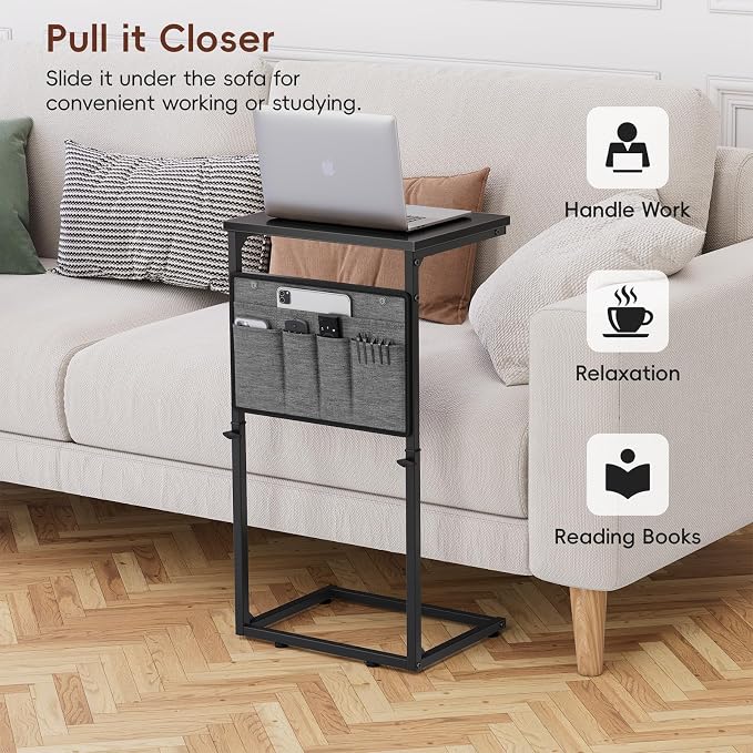 Vagusicc C Shaped End Table, Set of 2 Tall Side Table for Couch, Adjustable Height Small Couch Side Table for Small Spaces, End Table Slide Under Sofa Table TV Tray Arm Table for Living Room, Black
