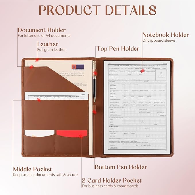 Succor Genuine Leather Portfolio Padfolio – Professional Business Folder & Leather Binder Organizer with Legal Pad Document Holder for Men & Women, Zipper-Free – 13x10 Inch, Brown