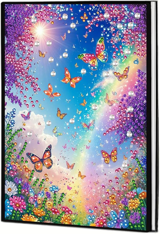 FRANDEK Diamond Art Painting Notebook Kit, Colorful Butterfly A5 DIY Journal with 50 Blank Pages, Crystal Rhinestone Cover with Waterproof Canvas, Beginner Craft Set with Full Tools for Adults