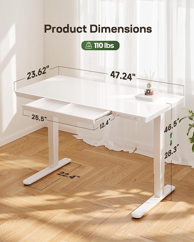 Marsail Glass Standing Desk with Drawers, 47.24 inch Electric Standing Desk, Height Adjustable Desk with One-Piece Tabletop & USB Charging Ports, Sit Stand Desk with Storage for Home & Office White