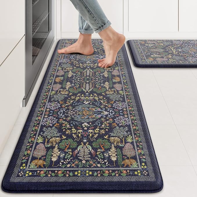 KIMODE Anti Fatigue Kitchen Mats for Floor 17"x47"+17"x29", Dark Blue Vibrant Floral Kitchen Rugs, Non Slip Waterproof Kitchen Floor Mats, Comfort Standing Mats for Laundry Office Sink Desk
