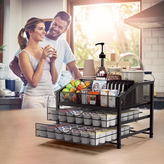 Homsorout Coffee Bar Organizer - Coffee Station for Countertop, Metal and Wood K Cup holder Storage Basket for Syrup, Cups, Stirrer, Condiment, Tea Organizer, Black