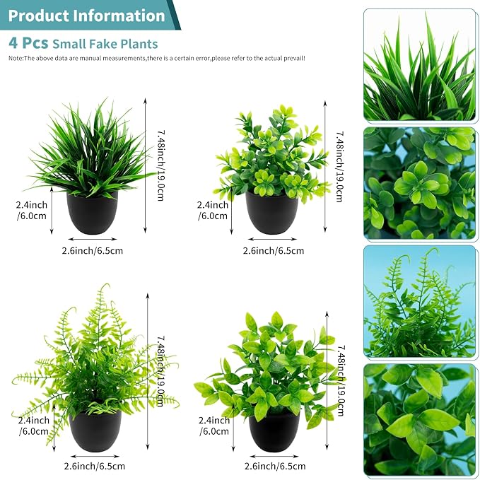 4 Pack Mini Artificial Plants Fake Potted Plants for Home Office Bathroom Shelf Desk Decor, Small Faux Greenery with Black Pots, Assorted Faux Grass & Leaf Plants for Indoor Aesthetic Decoration