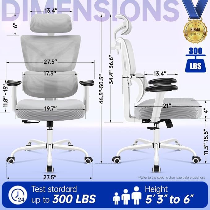 Ergonomic Office Chair, High Back Mesh Computer Chair with Comfortable Adaptive Lumbar Support, Built-in Coat Hanger, SGS Class 4 Gas Lift, Heavy Duty 300lbs for Long Hours Home Office