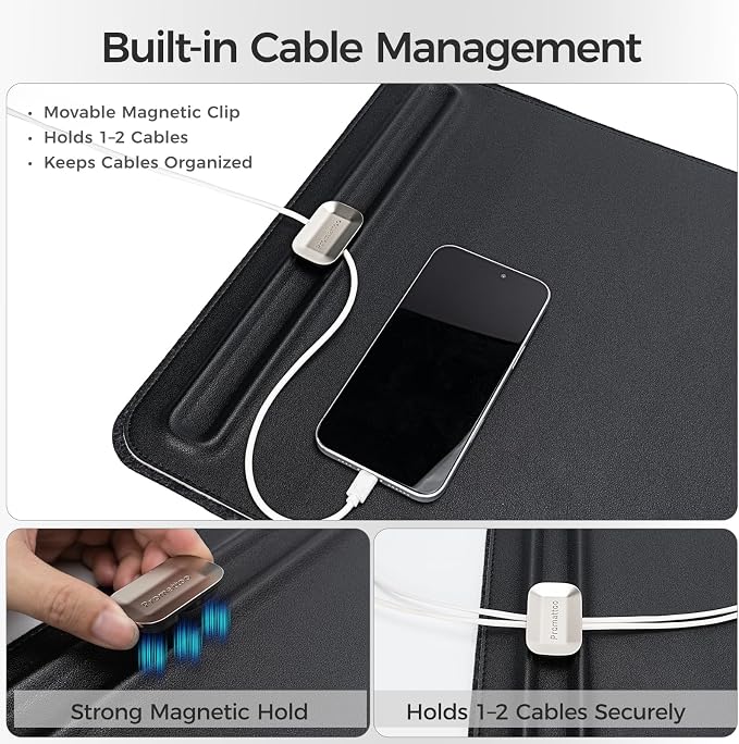 Premium Double-Sided Faux Leather Desk Pad – Non-Slip, Waterproof, with Magnetic Cable Organizer & File Storage – Designed for Offices & Creative Spaces – Durable & Easy to Clean（Black）