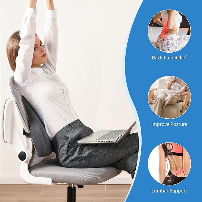 Lumbar Support Pillow for Office Chair - Memory Foam Back Cushion for Chair, Car, Couch - Lumbar Pillow Promotes Better Posture, Back Pain Relief with Adjustable Strap & Non-Slip