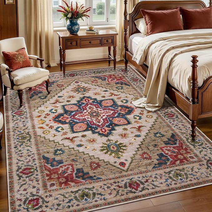 Tangsoo 3x5 Washable Rug, Vintage Rugs Indoor Area Rugs, Boho Non Slip Accent Rug Carpet, Soft Low Pile Rugs for Living Room Dorm Bedroom Bedside Entryway Bathroom Home Decor Beige