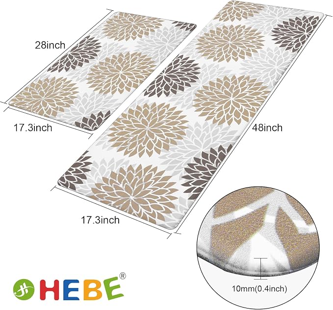 HEBE Anti Fatigue Kitchen Rugs Set of 2, Cushioned Kitchen Mats for Floor | Non Slip Washable Kitchen Runner Rug Set, Floral Stain Resistant Waterproof Comfort Mat Carpet for Sink, Standing Desk