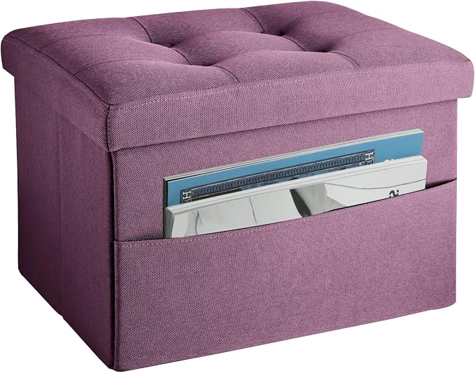 LINMAGCO Storage Ottoman Folding Foot Stool Foot Rest with Side Pocket Modern Ottoman with Storage Short Sofa Stool Linen Cloth 17x13x13(Purple)