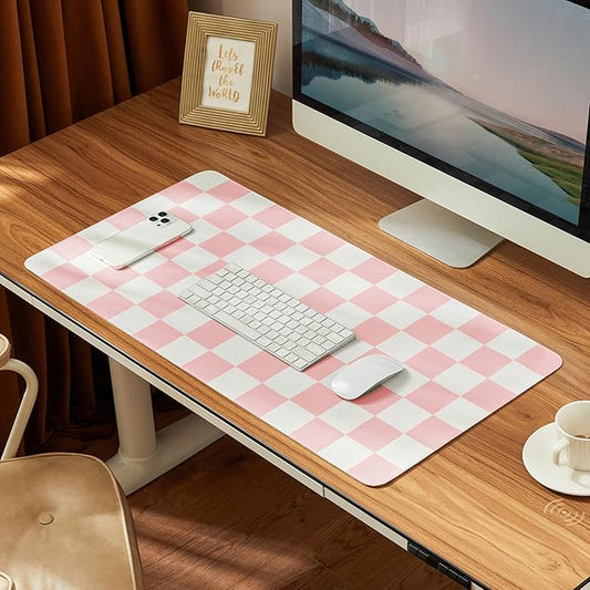 Checkered Desk Mat, Large Cute Aesthetic Retro PU Leather Computer Laptop Desk Mat, Non-Slip Waterproof Mouse Keyboard Pad, Desk Writing Mat for Work/Home (Pink, 23.6" x 13.7")