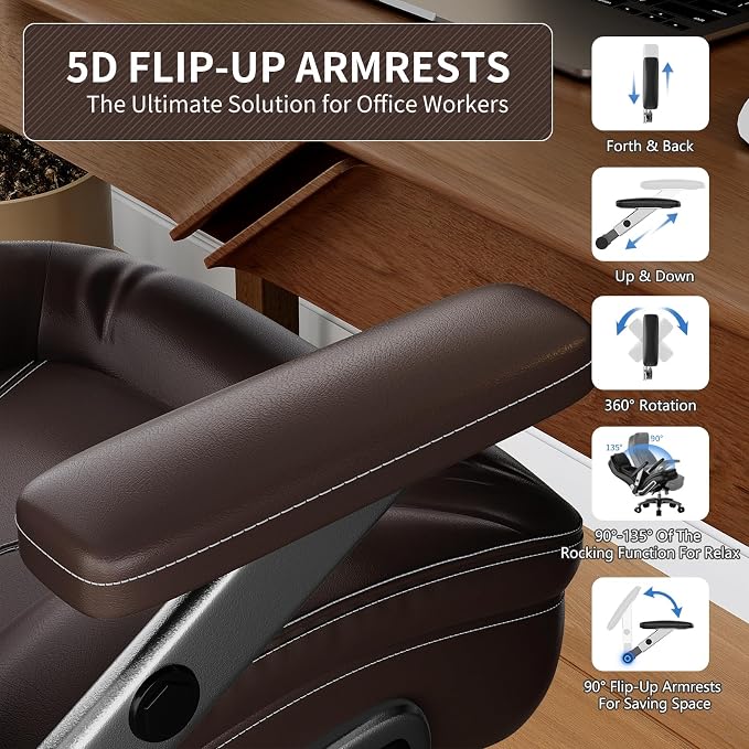 Big and Tall Office Chair, Heavy Duty Desk Chair with 5D Arms, Adjustable Lumbar Support & Height, Tilt Function, PU Leather High Back Ergonomic Executive Computer Chair