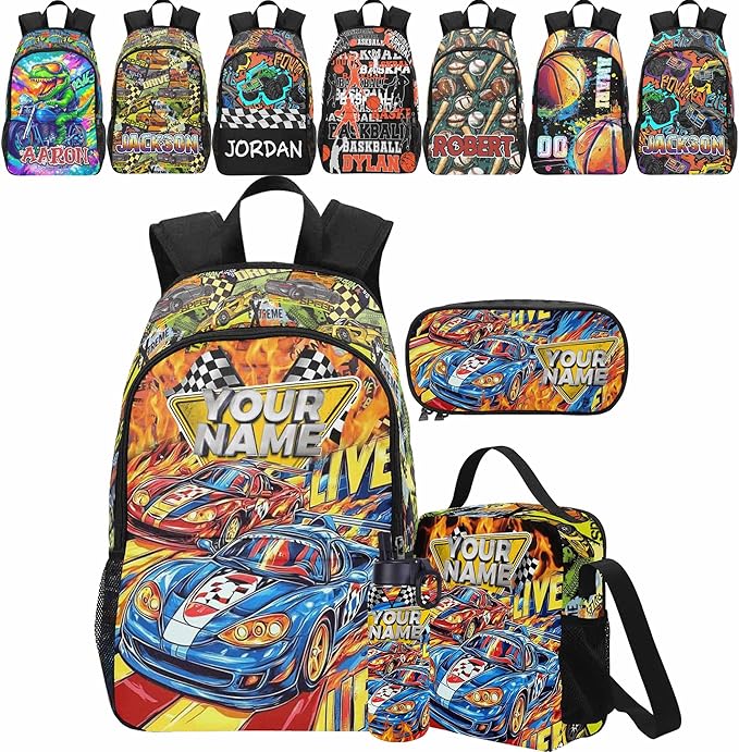Personalized Cars Toddler Backpack with Name Custom Kids School Backpack for Boys Back to School Supplies Customized Name Schoolbag Bookbag and Water Bottle Cup&Pencil Pouch for Preschool Elementary