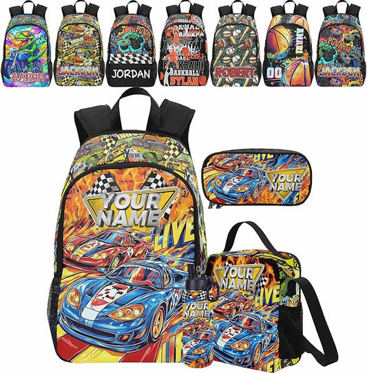 Personalized Cars Toddler Backpack with Name Custom Kids School Backpack for Boys Back to School Supplies Customized Name Schoolbag Bookbag and Water Bottle Cup&Pencil Pouch for Preschool Elementary