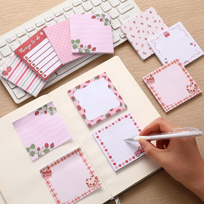 9 Pads Cute Sticky Notes Cartoon Self Stick Notepads 3x3 Inches Notes Adhesive Memo Pad Office Decor Gifts for Students School Teacher Office Meeting(Strawberry)