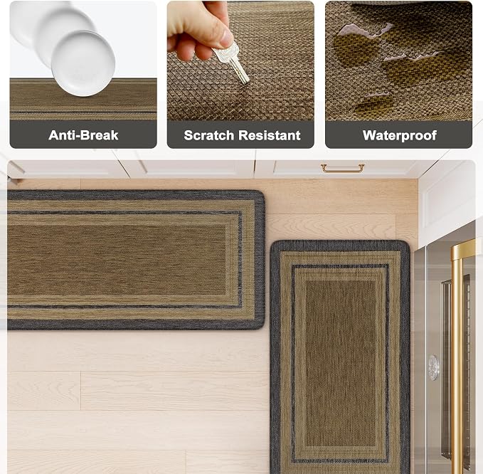 KIMODE Anti Fatigue Kitchen Mats 17"x47"+17"x29", Farmhouse Kitchen Rugs Sets of 2, Non Slip Kitchen Mats for Floor, Cushioned Comfort Standing Mats for Home Deocr Sink Laundry Office Desk Grey/Brown