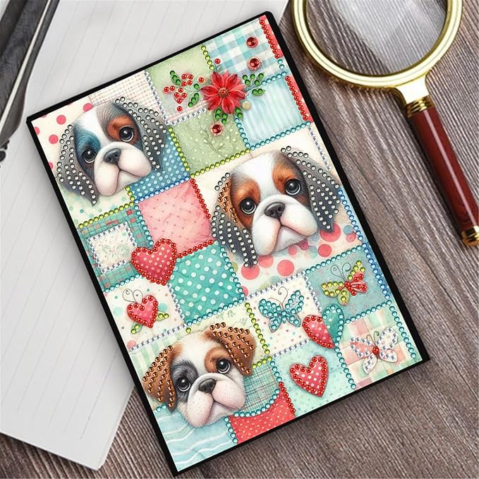 FRANDEK Diamond Art Painting Notebook Kit, Plaid Dog A5 DIY Journal with 50 Blank Pages, Crystal Rhinestone Cover with Waterproof Canvas, Beginner Craft Set with Full Tools for Adults