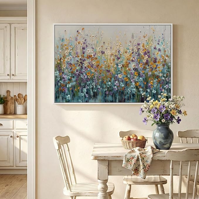 Framed Abstract Floral Wall Art, Blue Purple Green Flower Landscape Canvas Painting Prints, Modern Farmhouse Nature Colorful Wildflower Abstract Botanical for Living Room Bedroom Kitchen Decor, 24x36