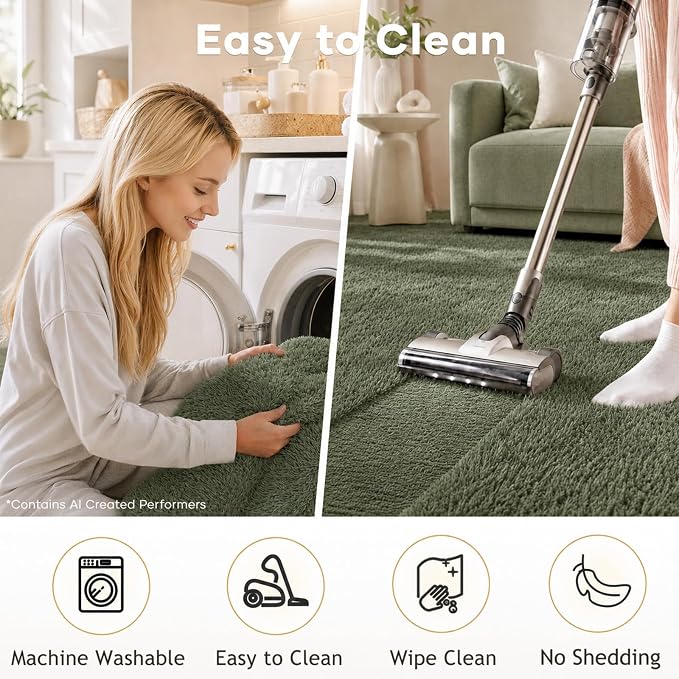 Ophanie Gray Green Rugs for Living Room 5x8,Grass Shag Fluffy Large Fuzzy Plush Soft Carpets,Floor Shaggy Area Rugs for Bedroom,Carpet for Kids Boys Girls Dorm Decor with Over 99 pcs Pile fibers