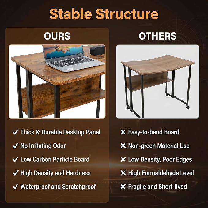 Mobile Foldable Desk w/Wheels and Feet Pads, Foldable Computer Desk, Folding Desk, Small Computer Desk for Small Spaces, Folding Table for Office Bedroom Living Room-Rustic Brown