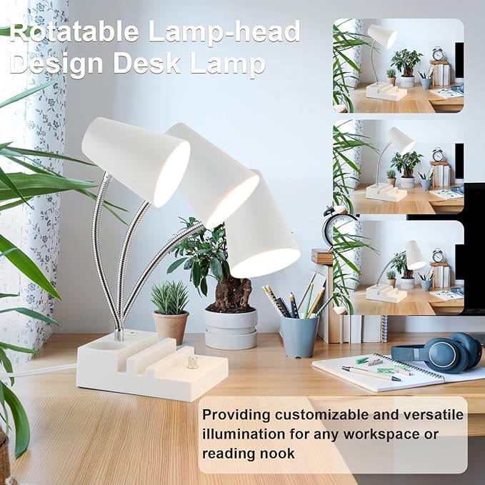 Study Desk Lamp with USB Charging and Type-C Night Light, Gooseneck LED Table Lamp Stepless Dimming Study Table Lamp with Pen Holder for College Dorm Bedroom and Office (White)