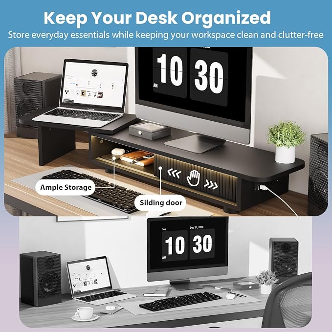 Artswish Dual Monitor Stand with Power Outlet, Black Desk Monitor Riser | 2 AC Outlets & 2 USB Ports, RGB Lighting, Sliding Storage, Flexible Side Shelf, Desk Riser for Work Study Gaming