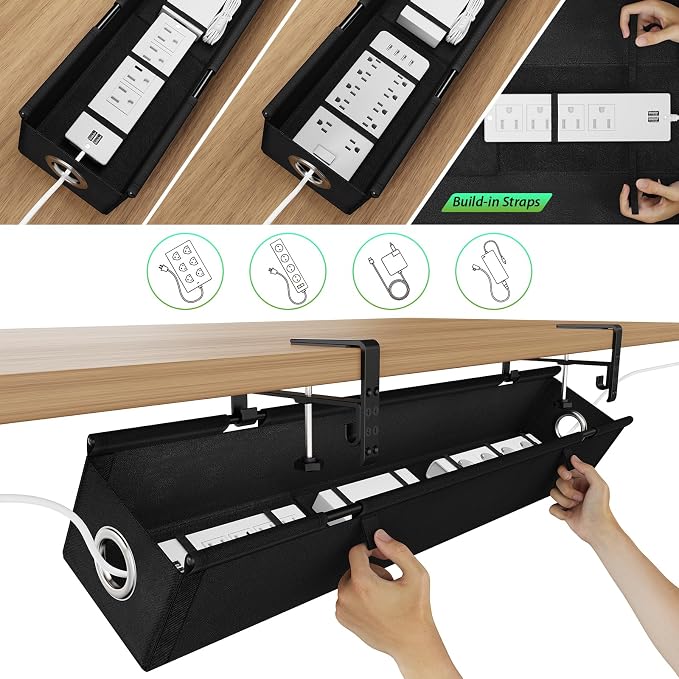 KEEGH Under Desk Cable Management Tray 36", No Drill Cord Organizer, Black | Heavy Duty, Large Capacity, 3-Level Clamp Fit 0"-2.5" Desks, Clamp/Screw Mount, for Home, Office, Gaming, Room, Studio