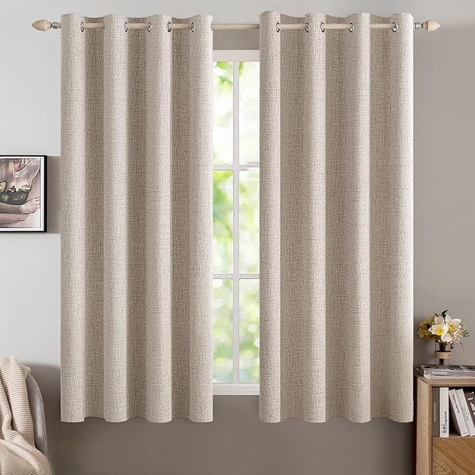 MIULEE Linen Textured Curtains for Bedroom Solid 100% Blackout Thermal Insulated Natural Grommet Room Darkening Curtains & Drapes Luxury Decor for Living Room 52 x 45 Inch (2 Panels)