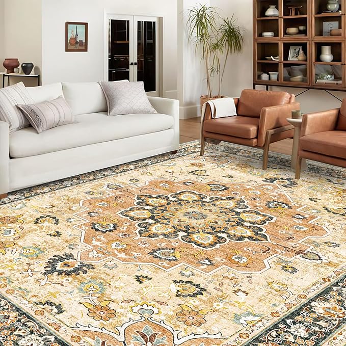TOPRUUG Washable Oriental Area Rug - 9x12 Rugs for Living Room Soft Carpet for Bedroom Waterproof Floral Distressed Indoor Stain Resistant Non-Shedding Floor Carpets (Orange, 9x12)