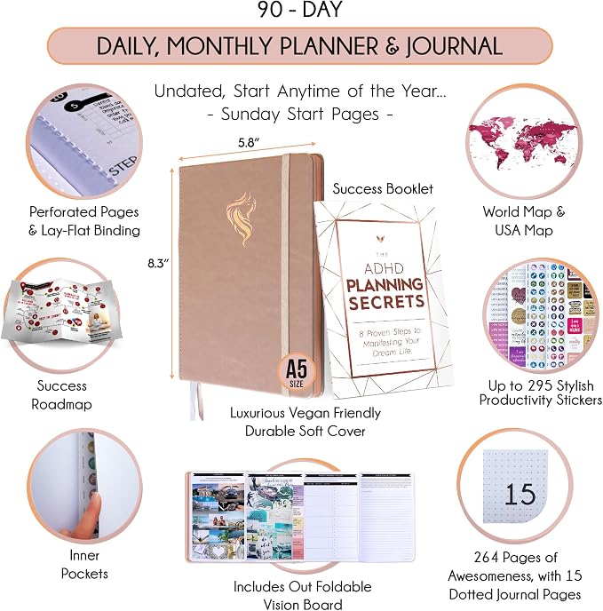Self Care Journal & ADHD Planner for Adults - 5 Minute Journal, A 90 Days Planner, Creating Your Dream Life, Increase Productivity & Happiness, Vision Board, Guided & Gratitude Journal - Undated | ADHD Planner, Undated, Gratitude Journal for Women and ...
