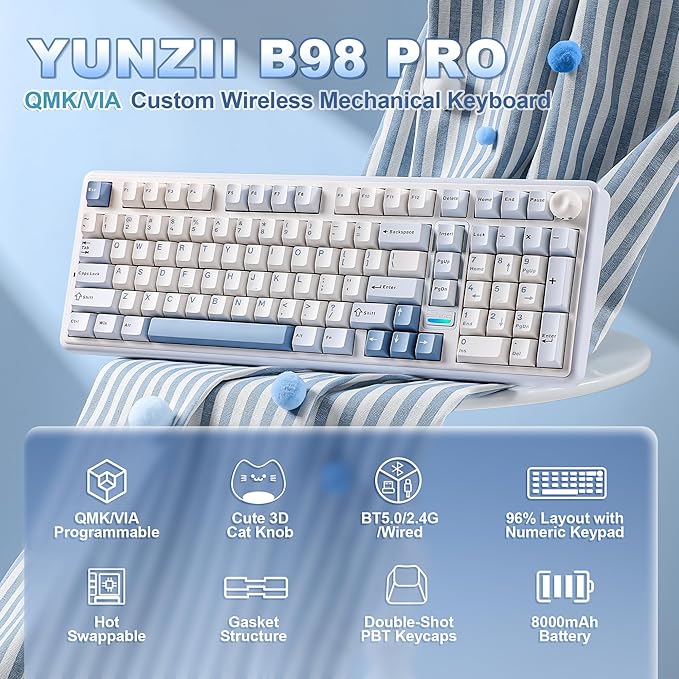YUNZII B98 PRO QMK/VIA Wireless Mechanical Gaming Keyboard,96% Layout with Numpad and Cute Cat Knob, BT/2.4G/USB-C,Linear Switch Hot Swap Gasket,RGB for Win/Mac (Blue, Milk V2 Linear Switch)