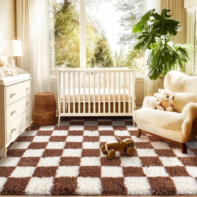 Area Rugs for Living Room 6x9, Ultra Fluffy Checkered Rug Fuzzy Shag Shaggy Carpets for Bedroom, Modern Non-Slip Indoor Soft Plush Furry Rug for Boy Girls Room Dorm Home Decor, Cream and Coffee