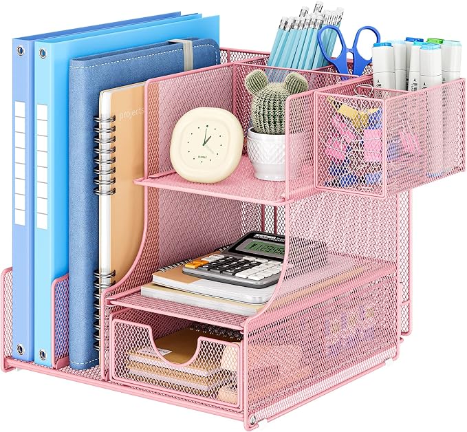 Lavatino Desk Organizer – 4-in-1 Pink Mesh Office Supplies Organizer with Pen Holder, File Holder, Desktop Tray, and Drawer for Home, Office, Classroom