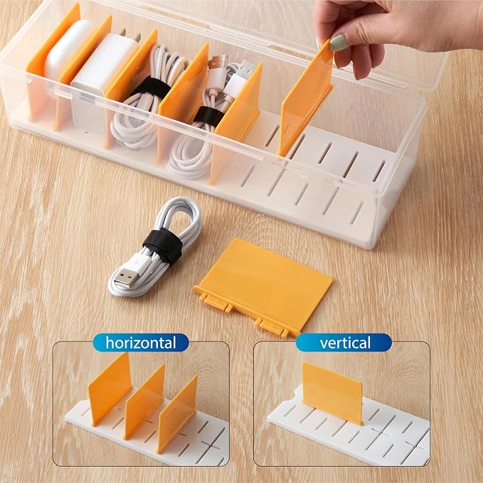 Cable Organizer Storage Box with 8 Cable Ties, Clear Phone Charger Organizer Case Wire Organizers for Cords Electronic Storage Box for Drawer Desk Office Home (1 Pack)