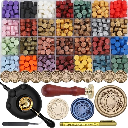 732 Pcs Sealing Wax Stamp Kit with Electric Wax Seal Warmer, Initial Alphabet C Seal Stamp, 28 Color Waxseal Beads, Spoon, Letter Sealingwax Stamp Kit (C)