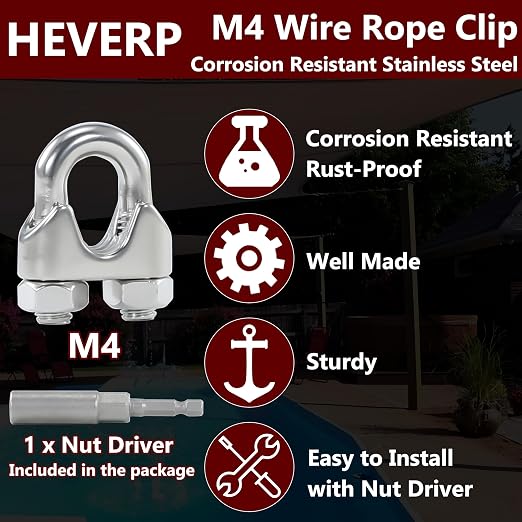 16PCS M4 3/16-1/8 Inches Stainless Steel Wire Rope Clips Cable Clamps | Corrosion resistant stainless steel,easy to install with 1 nut driver