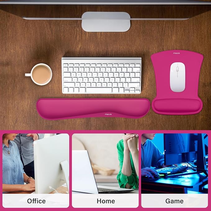 MOSISO Wrist Rest Support for Mouse Pad & Keyboard Set, Ergonomic Mousepad Non-Slip Base Home/Office Pain Relief & Easy Typing Cushion with Neoprene Cloth & Raised Memory Foam, Rose Red
