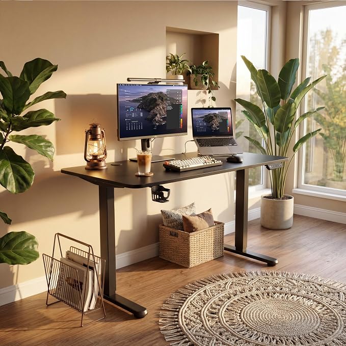 Furmax Electric Standing Desk, 45 x 24 Inches Height Adjustable Sit Stand up Desk, Memory Preset Computer Home Office Desks with Sturdy Metal Frame, Phone Stand Cable Management Hole (Black, 45'')