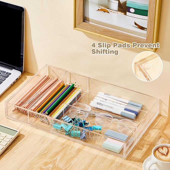 Briwooody 1 Pcs Acrylic Desk Drawer Organizer 9'' up to 18'' x 15'' x 2.1'' Expandable Drawer Organizer Trays with 7 Adjustable Compartments Clear Desk Accessories for Makeup Office Bathroom