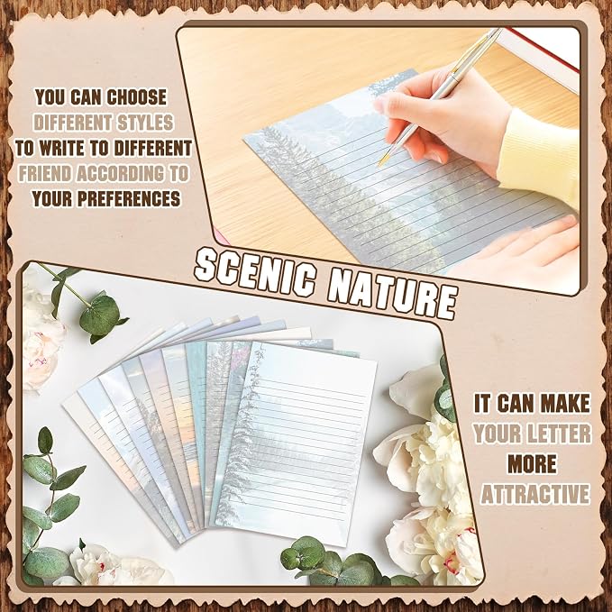 TaoBary 160 Pcs Stationery Paper Set 50 Double Sided Stationery Papers with 50 Matching Envelopes and 60 Round Dot Sticker, 10 Design(Scenic Nature,5.5 x 8.25 Inch)