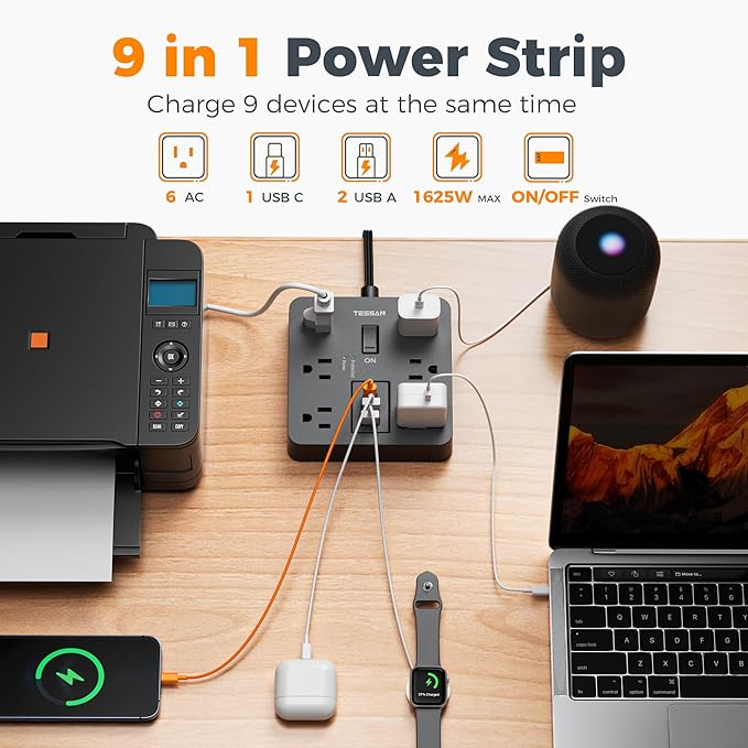 TESSAN 15Ft Black Extension Cord with Multiple Outlets, Surge Protector Power Strip with 6 Outlets and 3 USB Ports (1 USB C), 1700 Joules Protection, Flat Plug, Outlet Extender for Home, Office, Dorm