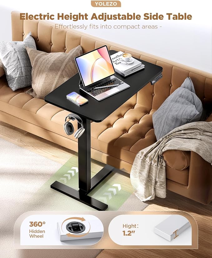24"x 16" Electric Overbed Table, Rolling Laptop Desk for Bed, Black | Height Adjustable Bedside Desk with Hidden Wheels, Mobile Standing Desk for Sofa, Home Office & Hospital Use